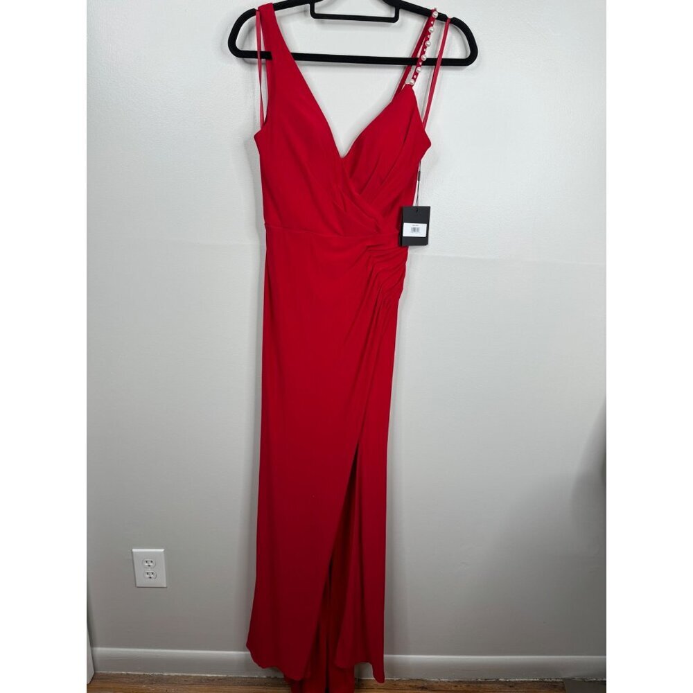 Ieena for Mac Duggal 26532 Red Jersey Evening Gown Pearl Strap V-Neck Size 2 NEW - Picture 4 of 7